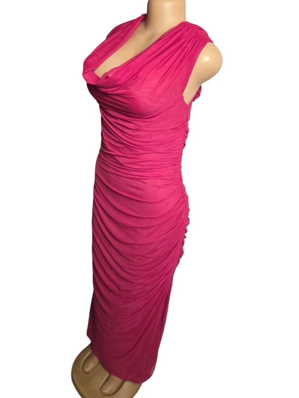 Abercrombie & Fitch Draped Ruched Mesh Cowl-neck Maxi Dress In Berry EUC